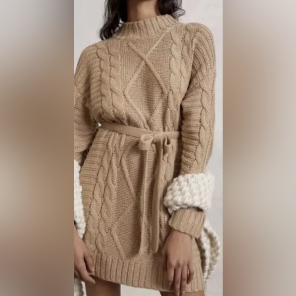 Anthropologie Amadi Leah Cable Knit Belted Sweater Dress Mock Neck✨